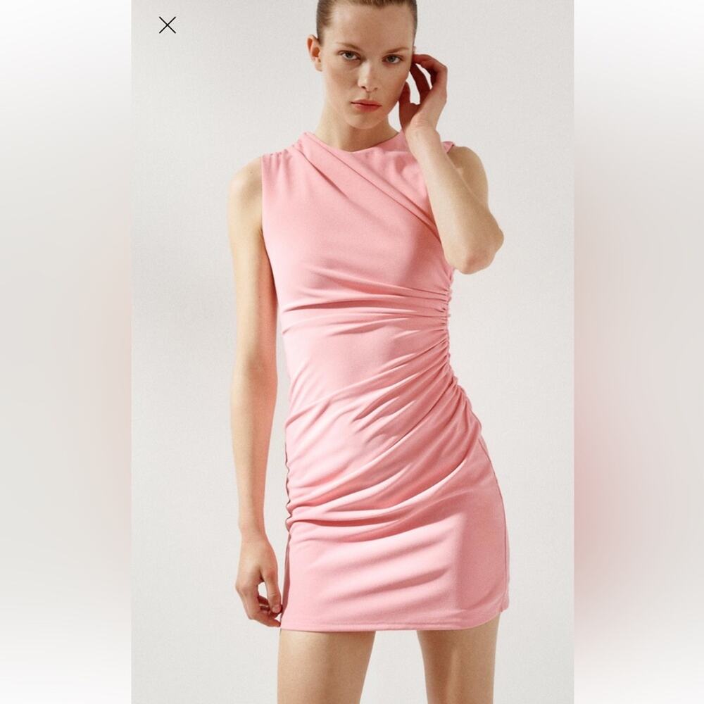 Zara Pink Sleeveless Mini Dress Round Neckline Ruched Fabric Size Large